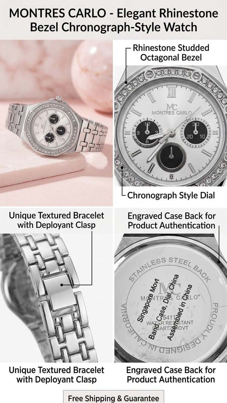 Montres Carlo Rhinestone Bezel Chronograph-Style Watch Silver Tone